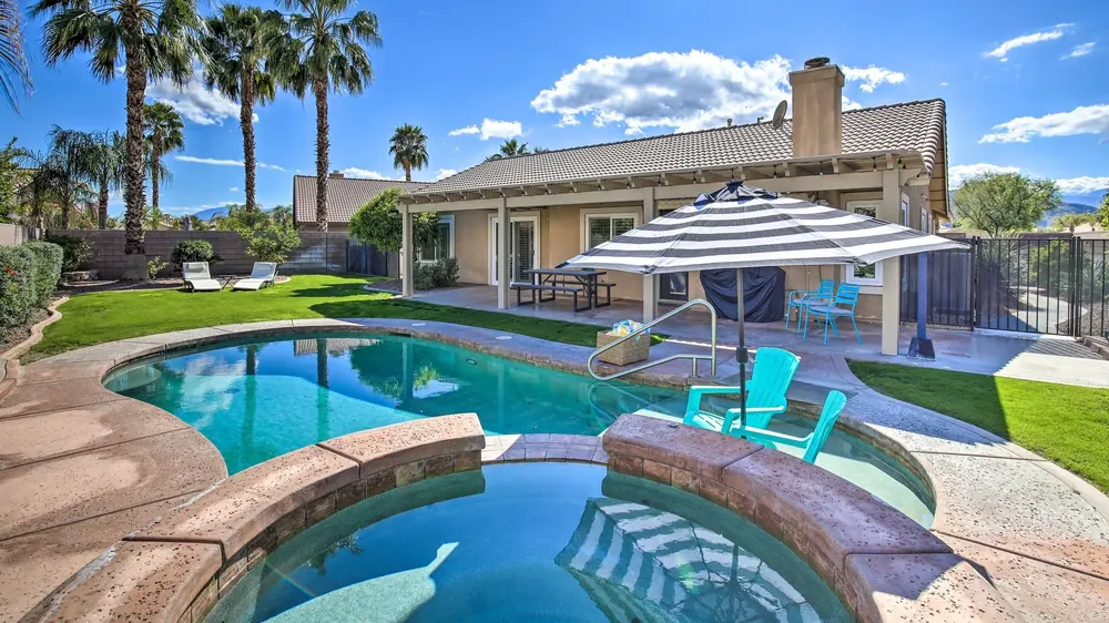 Desert Oasis backyard with pool and spa in La Quinta