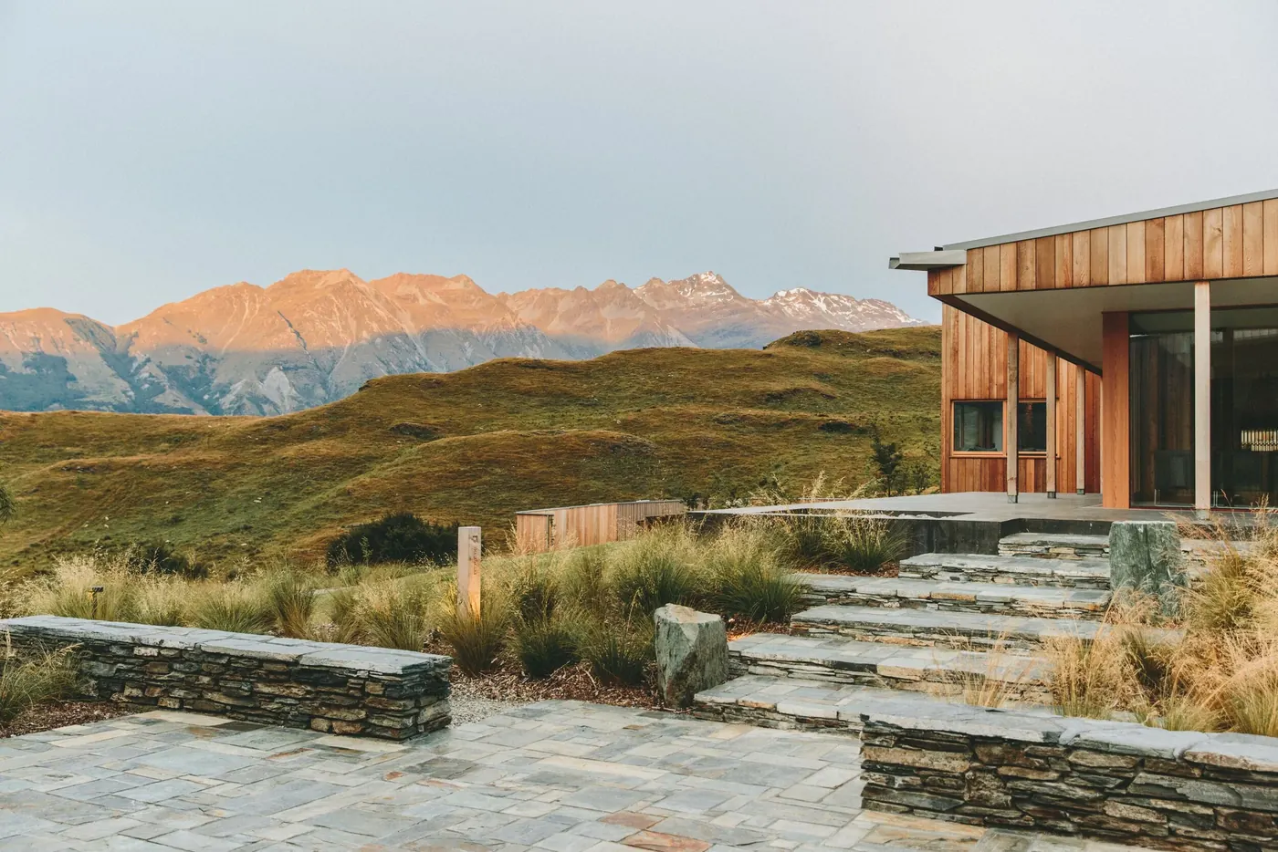 Stone patio overlooking mountains