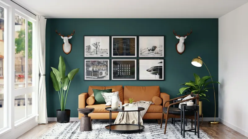 Designed living room with a green accent wall