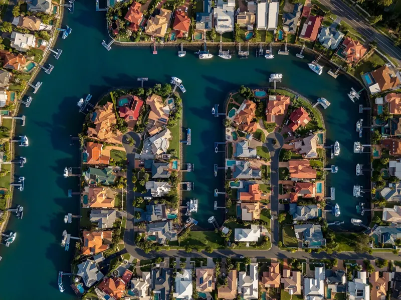 Aerial view of waterfront homes